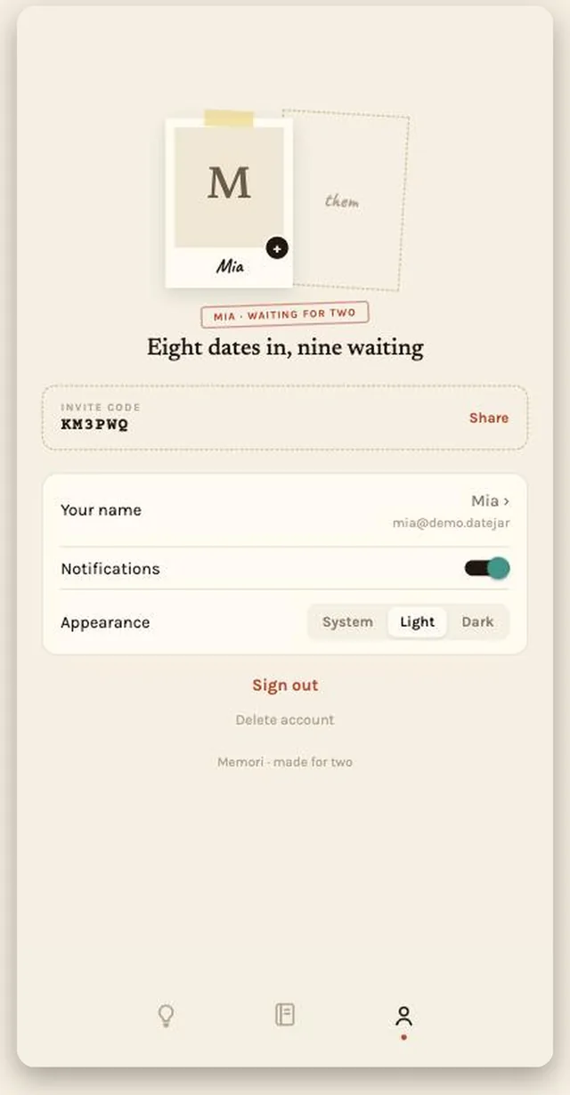 The You tab: your profile, invite code with a Share button, notification and appearance settings.